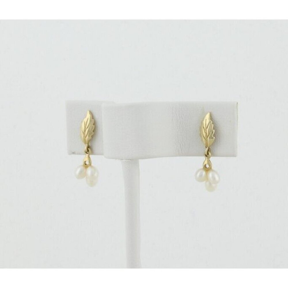 14k Yellow Gold Natural Pearl & Leaf Earrings Dangle Drop - Picture 5 of 6